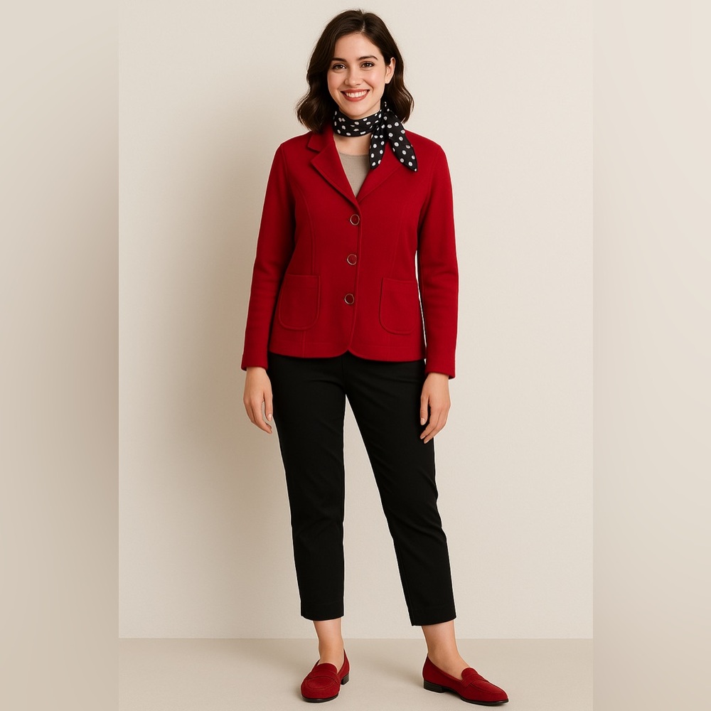 Vintage Harve Benard Red 100% Wool Enamel Button Structure Blazer Sz S EUC